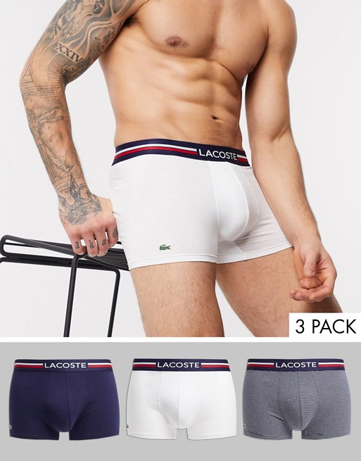 Lacoste 3 pack trunks with logo waistband in navy/ white/ stripe