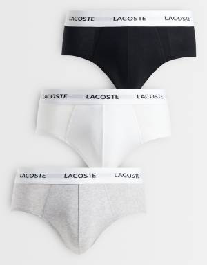 Lacoste 3 pack white waistband cotton briefs in black white and grey