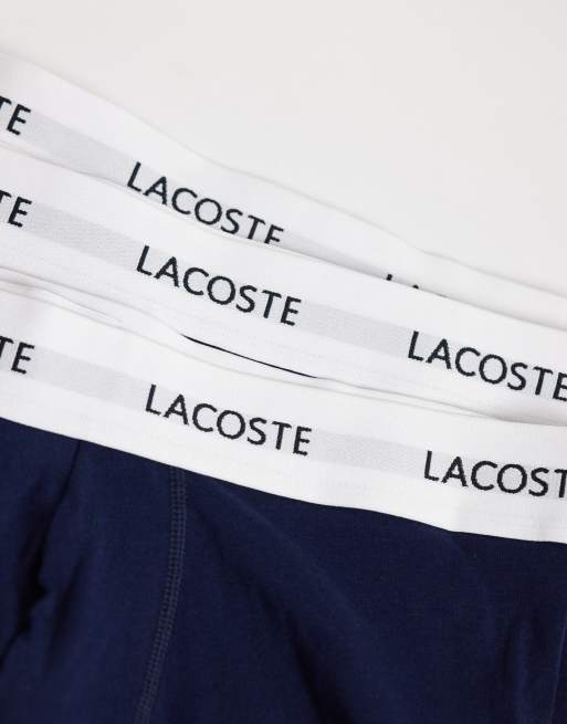 Lacoste 3 pack white waistband stretch cotton trunks in navy and grey , 2 of 3