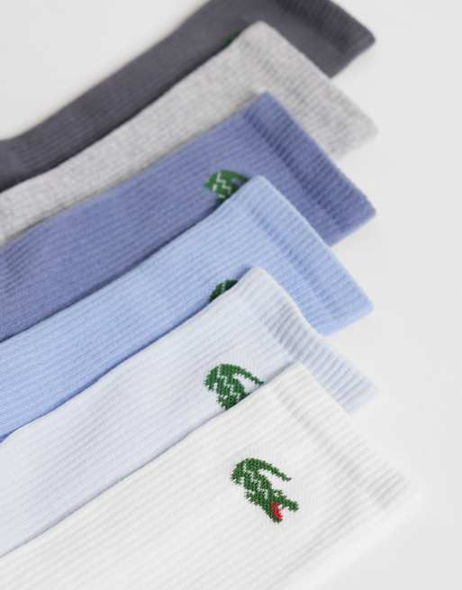 Lacoste 6 pack croc logo long coloured sports socks in blue, white and grey, 2 of 3