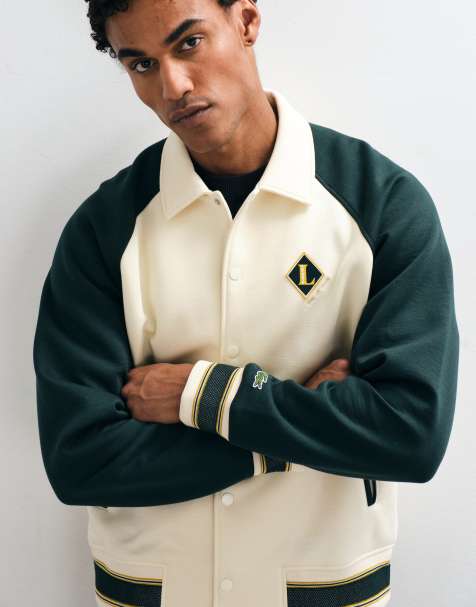 Lacoste accent badge contrast co-ord bomber jacket in dark green and ecru - view 1