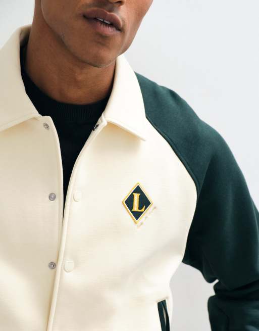 Lacoste accent badge contrast co-ord bomber jacket in dark green and ecru, 3 of 5