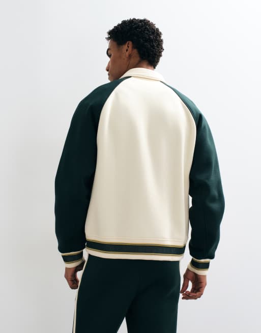 Lacoste accent badge contrast co-ord bomber jacket in dark green and ecru, 4 of 5
