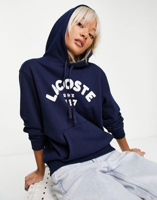 Lacoste arch logo hoodie in navy