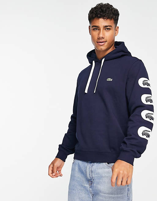 Lacoste arm logo print hoodie in navy | ASOS
