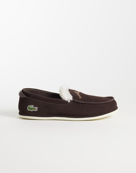 Lacoste aubery fleece lined suede slippers in dark brown - view 1