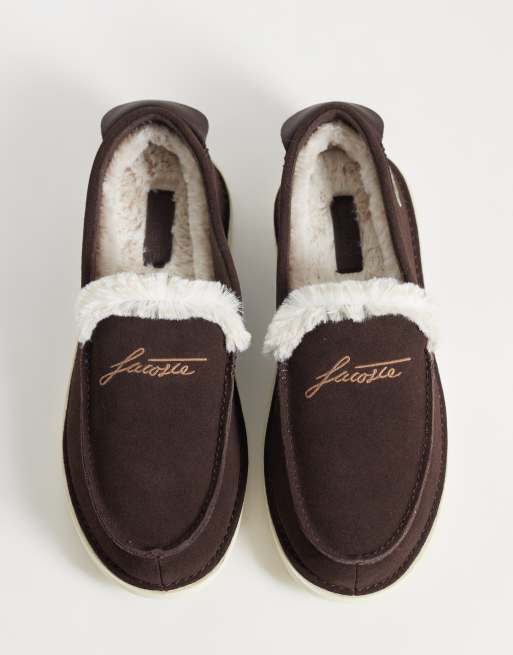 Lacoste aubery fleece lined suede slippers in dark brown, 2 of 4