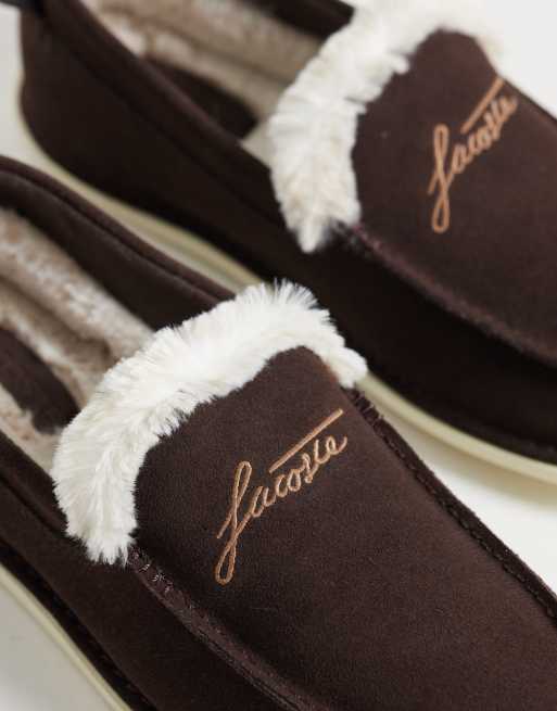 Lacoste aubery fleece lined suede slippers in dark brown, 4 of 4