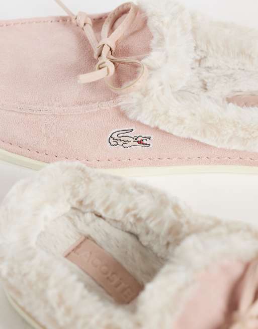 Lacoste aubrey mule fleece lined suede slipper in pink, 3 of 4
