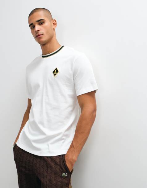 Lacoste badge logo short sleeve contrast t-shirt in white - view 1