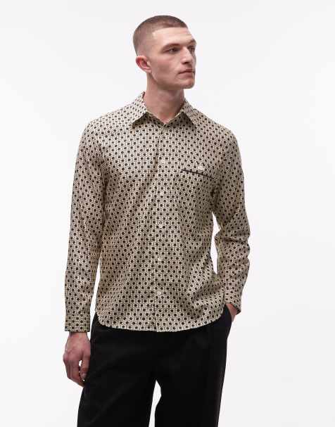 Lacoste – Beżowa satynowa koszula we wzór z monogramem - view 1