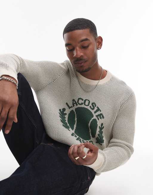 Lacoste – Biały sweter z długimi rękawami, okrągłym dekoltem i tenisowym emblematem , 3 z 4
