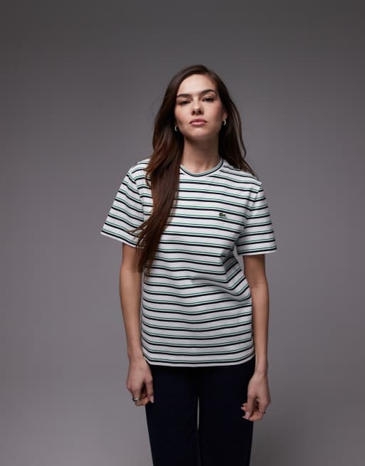 Lacoste – Biały T-shirt oversize w zielono-czarne, poziome paski, 2 z 4