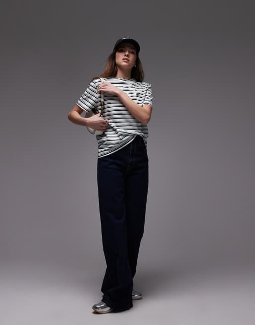Lacoste – Biały T-shirt oversize w zielono-czarne, poziome paski, 3 z 4