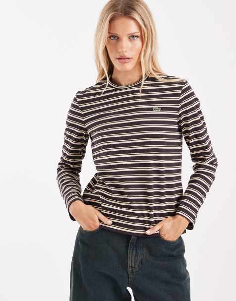 Lacoste – Brązowy T-shirt z długimi rękawami w paski - view 1