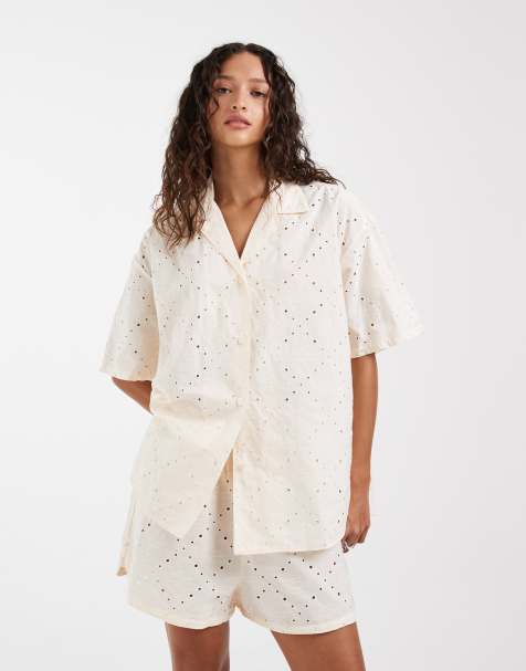 Lacoste broderie anglaise shirt & shorts set in peach - view 1