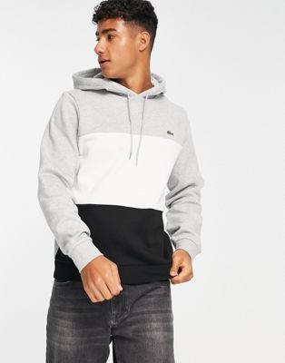 Lacoste brushed fleece colour block hoodie in silver