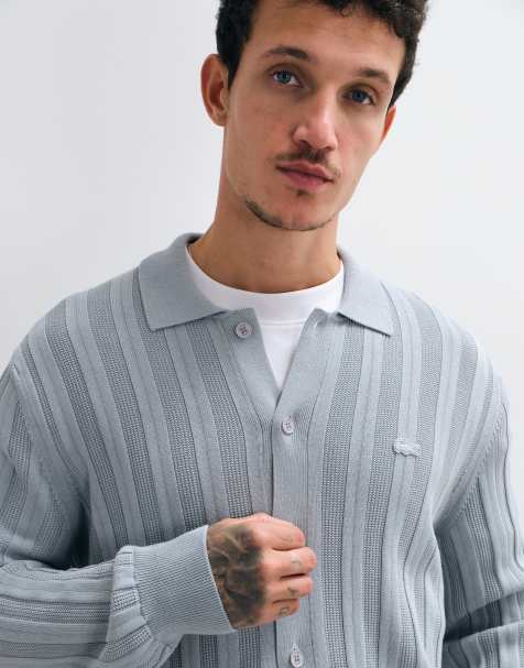Lacoste button down collared knit cardigan in grey - view 1