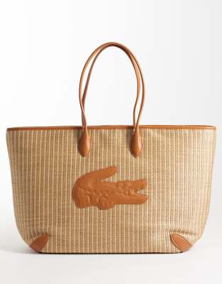Lacoste - Cabas en rotin à logo croco - Fauve naturel-Marron