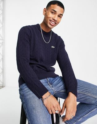 Lacoste cable knit jumper in navy