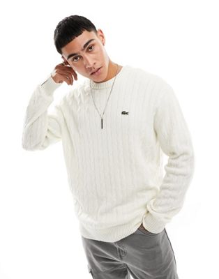 Lacoste cable knit jumper in off white