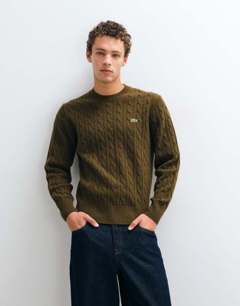 Lacoste cable knit logo jumper in brown - view 1