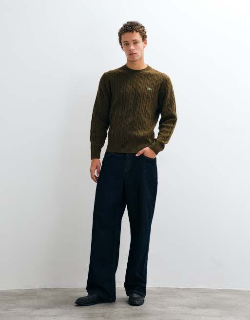 Lacoste cable knit logo jumper in brown, 2 of 5