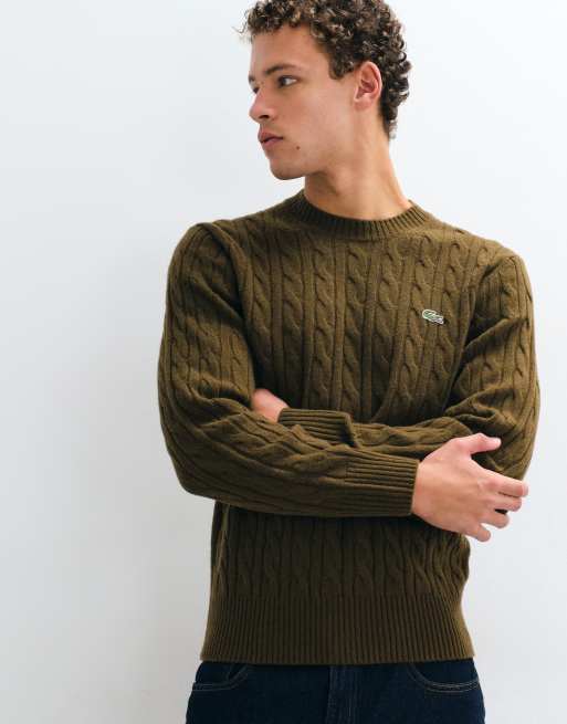 Lacoste cable knit logo jumper in brown, 3 of 5