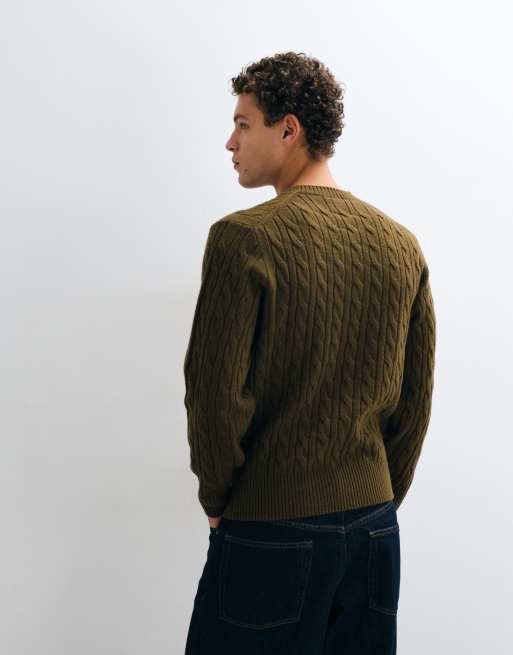 Lacoste cable knit logo jumper in brown, 5 of 5