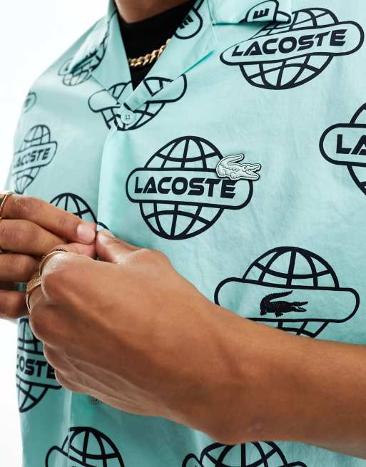 Lacoste - Camicia a maniche corte verde con motivo grafico del logo, 2 di 4