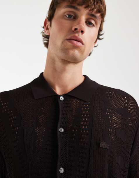 Lacoste - Camicia resort a maniche corte in rete marrone effetto coccodrillo - view 1