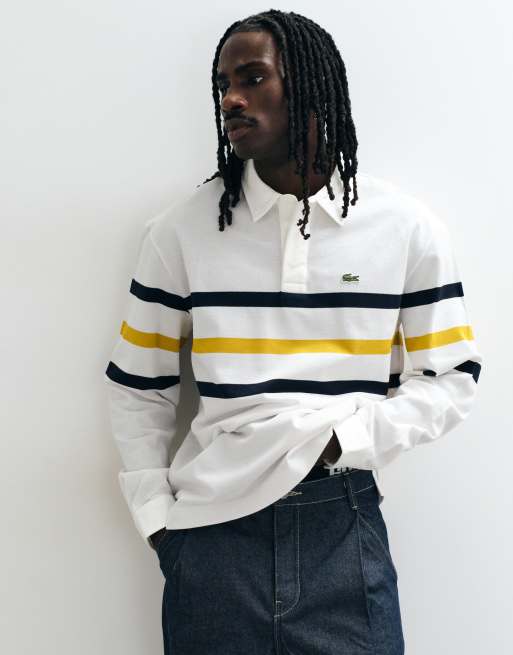 Lacoste camicia rugby a righe a maniche lunghe bianca, 2 di 5