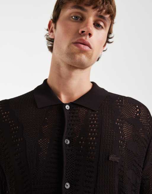 Lacoste - Camisa resort marrón de manga corta con diseño de cocodrilo de malla