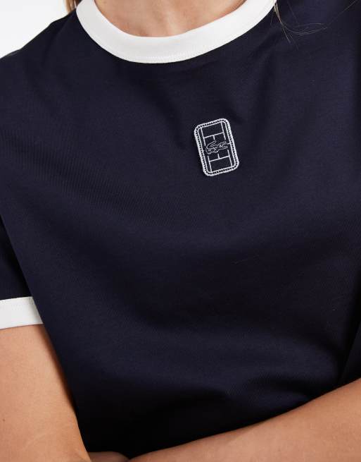 Lacoste central logo ringer t-shirt in navy, 3 of 4