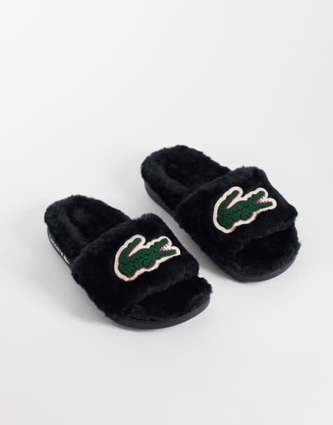 Lacoste chausson mule en polaire avec logo crocodile noir et vert - view 1