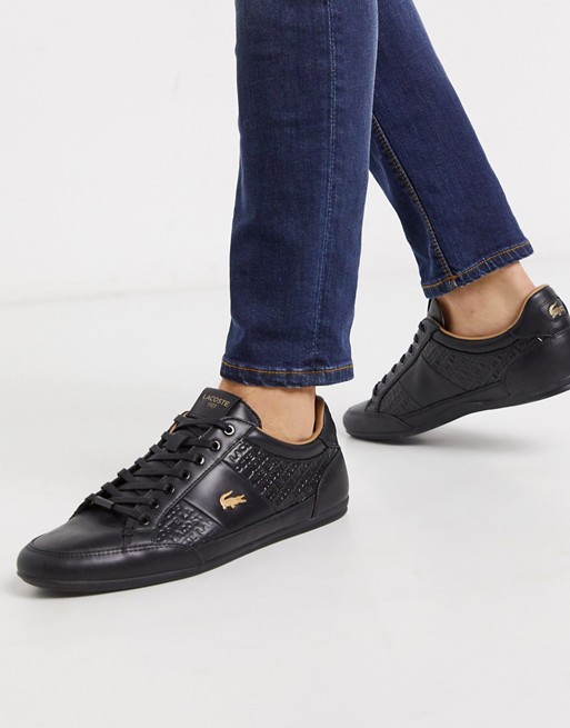Lacoste chaymon trainers in black with gold croc