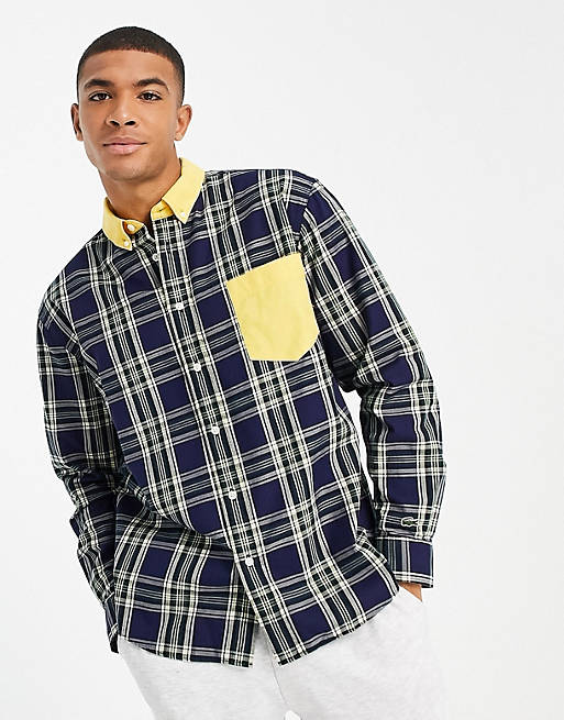 Men Lacoste check shirt with contrast pocket in navy 