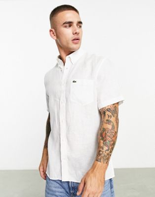 Lacoste logo linen shirt sleeve shirt in white - ASOS Price Checker