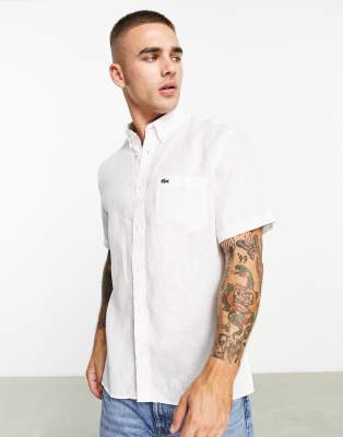 Lacoste logo linen shirt sleeve shirt in white - ASOS Price Checker