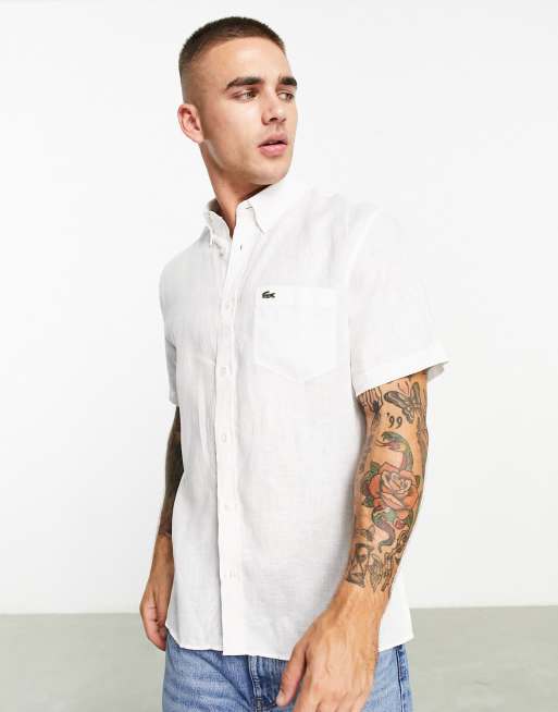 Lacoste Chemise manches courtes en lin avec logo Blanc ASOS