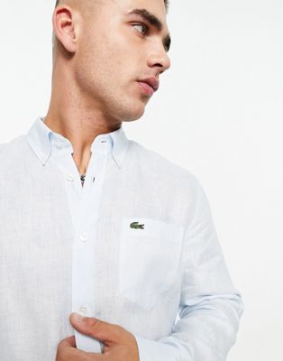 Lacoste logo linen long sleeve shirt in light blue - ASOS Price Checker