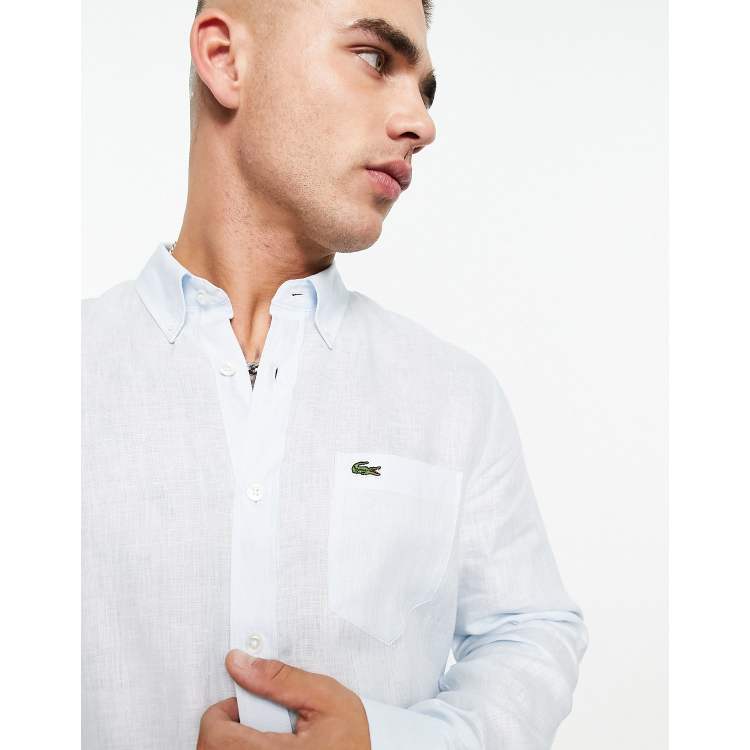 Lacoste Chemise manches longues en lin avec logo Bleu clair ASOS