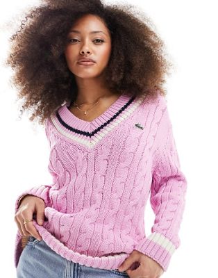 Lacoste chunky cable knit jumper in pink