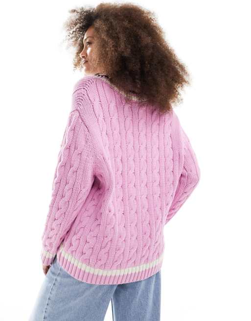 Lacoste chunky cable knit jumper in pink