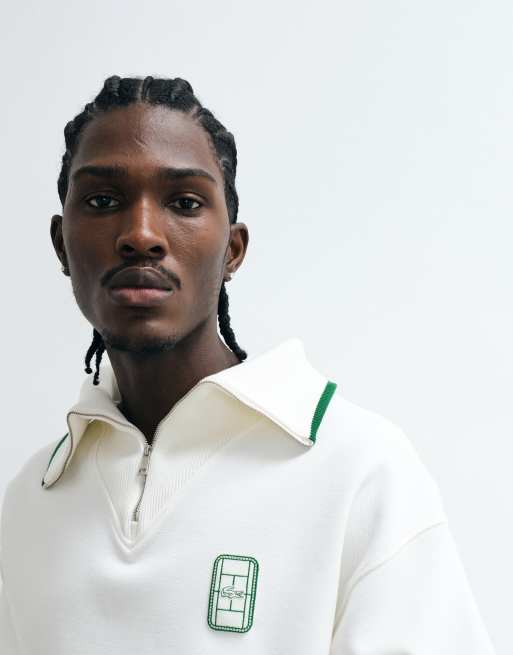 Lacoste classic fit 1/4 zip logo polo sweatshirt in white, 2 of 5