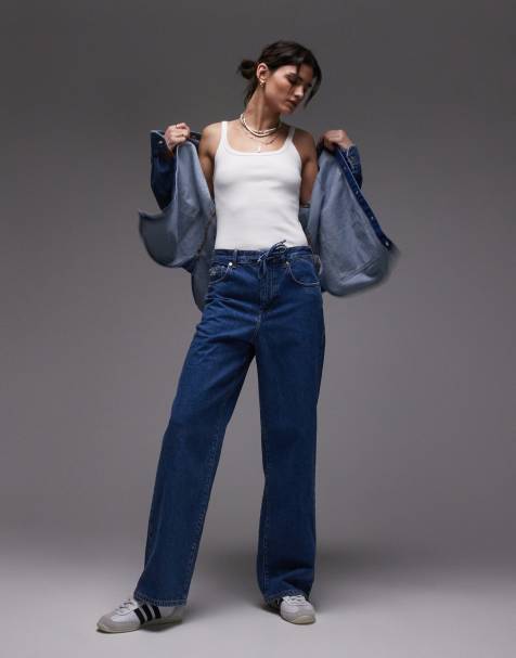 Lacoste co-ord baggy fit denim jeans in midwash blue with constrast stitching - view 1