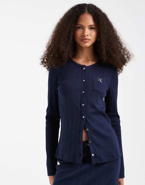 Lacoste co-ord pointelle long sleeve button through top in navy - view 1