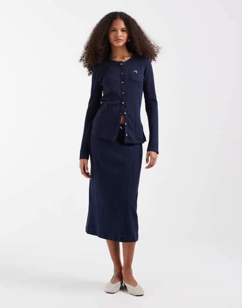 Lacoste co-ord pointelle maxi skirt in navy - view 1