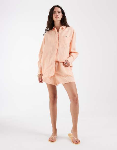 Lacoste co-ord poplin stripe shirt and shorts in orange blossom - view 1