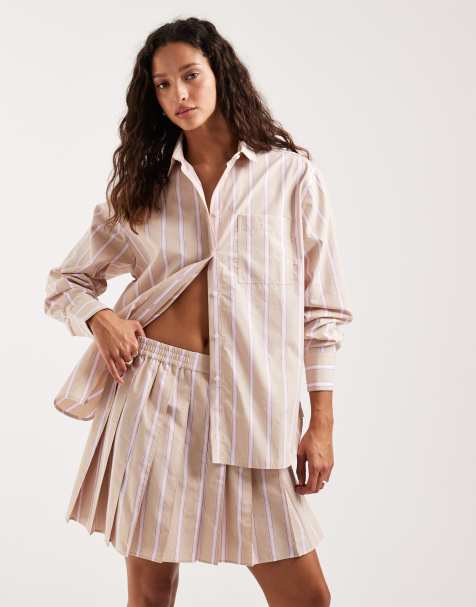 Lacoste co-ord poplin stripe skirt in pink & baby blue